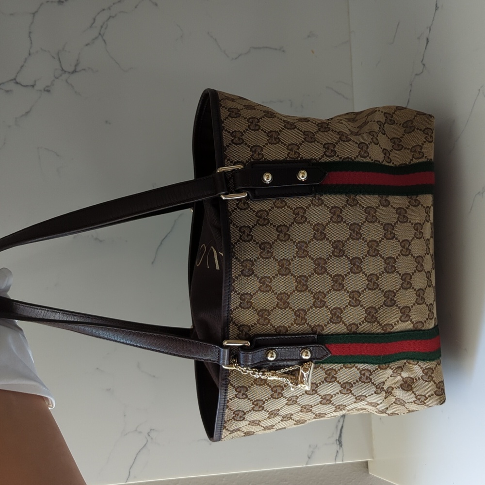 Gucci Canvas And Leather Tote Bag with GG Monogram, Sherry Line In Red And Green